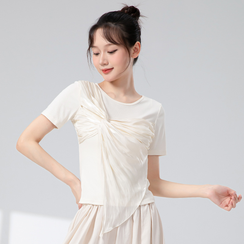 古典舞蹈服女新款短袖交叉扭花中国风练功服飘逸现代舞演出服上衣|undefined