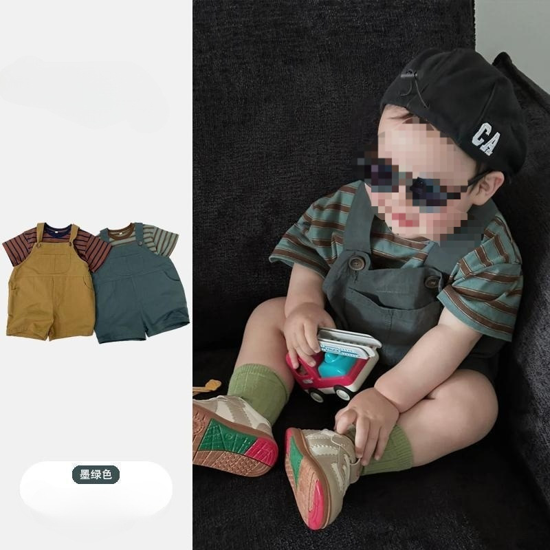 Boys' summer casual suspenders shorts Korean suspenders children's striped short-sleeved T-shirt suit 0176A095