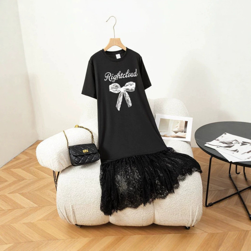Korean-style bow lace splicing women's summer loose casual long dress with a high-quality feel and resort style Korean-style bow lace splicing women's summer loose casual long dress with a high-quality feel and resort style