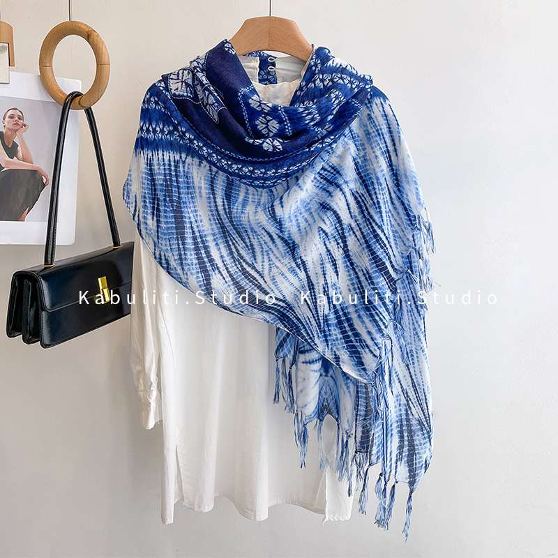Ethnic Style Shawl Tie-Dye Style Chinese Shawl Buckle Shawl Women's Travel Sun Protection Yunnan Blue and White Literature and Art