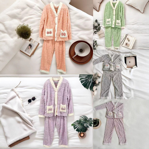 Autumn and winter coral fleece cardigan pajama set, fleece-lined and thickened, with a heart-shaped bunny motif and bow tie—knitted warm set.