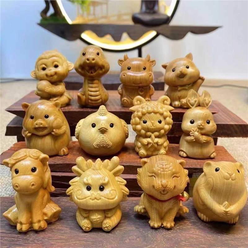 クスノキの木の干支木彫り、ネズミ、牛、虎、ウサギ、龍、ヘビ、馬、羊、猿、鶏、犬、豚の守護神、手飾り|undefined