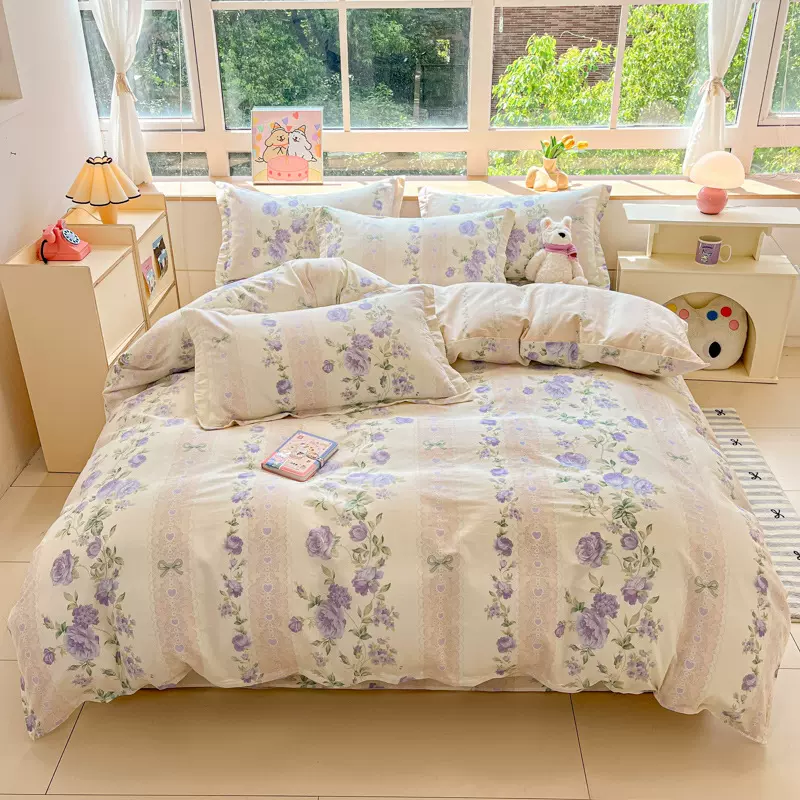 全棉四件套100纯棉简约床单被套宿舍学生单人床上用品三件套4四季