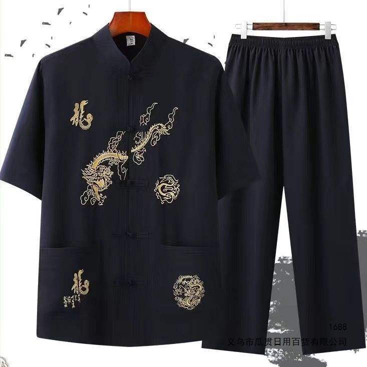 夏天唐装男短袖套装中老年唐装中国风男爸爸晨练服老头练功服龙纹