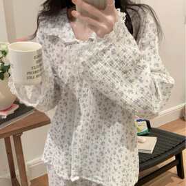 韩国ins女士公主双层纱花边喇叭袖小碎花睡衣家居服长袖长裤套装