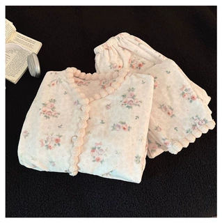 秋冬爆款睡衣女长袖长裤法兰绒保暖花边翻领开衫家居服女套装甜美