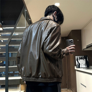 [24-hour delivery] motorcycle leather jacket men's spring and autumn American retro ruffian handsome fried street pu leather jacket men