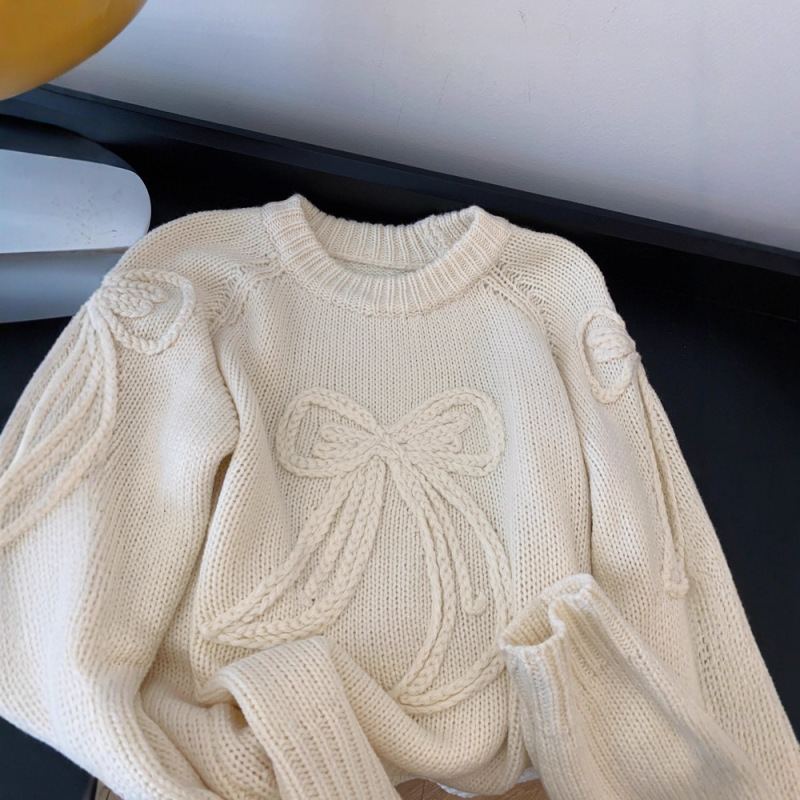 韩系甜美手工蝴蝶结短款圆领毛衣女秋冬重工粗针百搭套头针织上衣|undefined