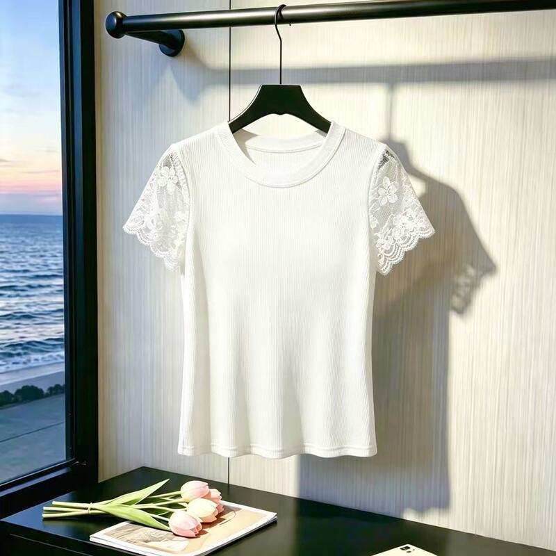 Fashionable lace patchwork short-sleeve top for women, round neck, slim fit, ice silk base shirt, versatile summer inner T-shirt Fashionable lace patchwork short-sleeve top for women, round neck, slim fit, ice silk base shirt, versatile summer inner T-shirt