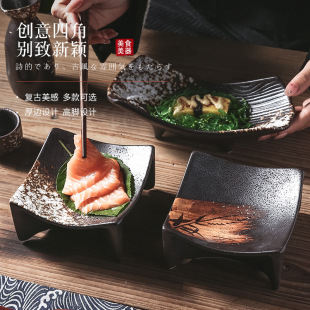 Cross-Border Japanese Sashimi Sea Urchin Plate Commercial Japanese Sushi Plate Hot Pot Barbecue Grilled Meat Square Plate Black Cooking Plate