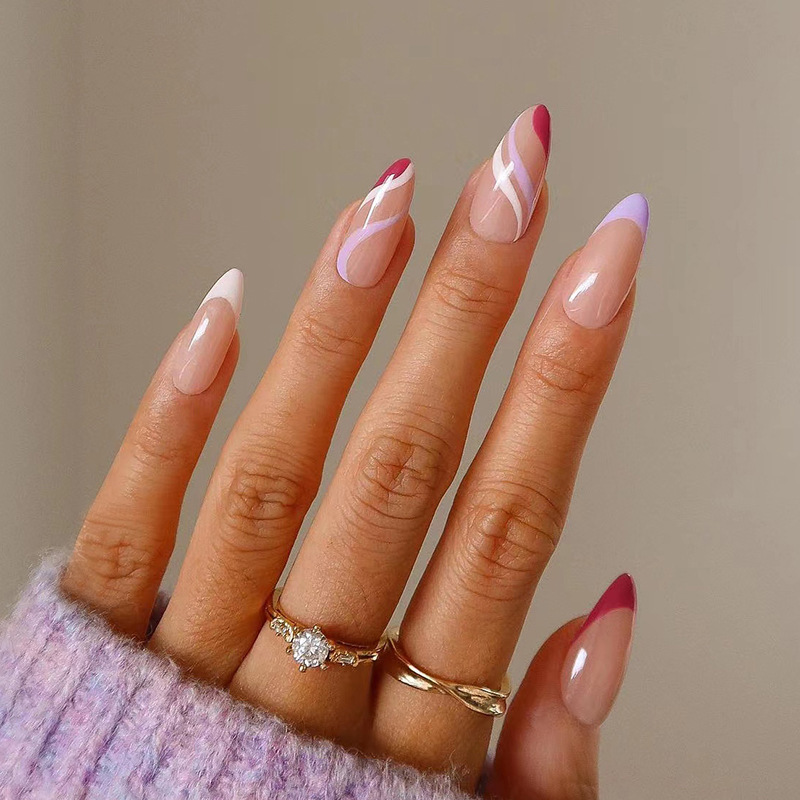 French Multi-Color Curve European and American Wearable Nails Short Almond Nails Wearable Fake Nails Factory Wholesale