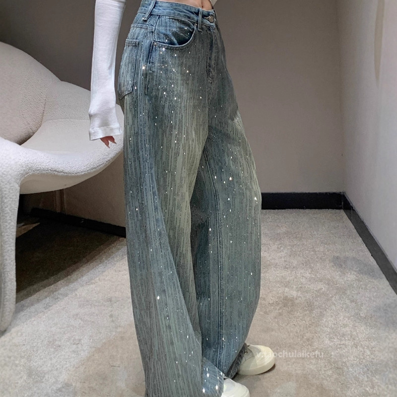 烫钻满天星设计牛仔裤女 复古做旧风显瘦百搭高腰阔腿长裤ZK63398|undefined