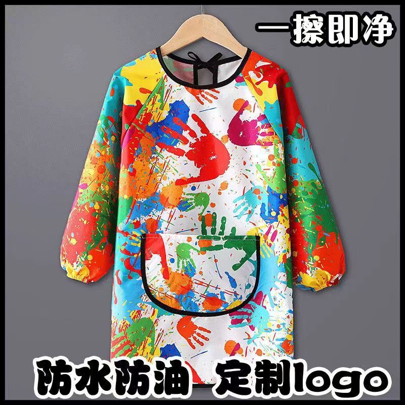 印字加长款油画罩衣防水耐脏婴儿童画室画画反穿衣幼儿园吃饭围裙|undefined