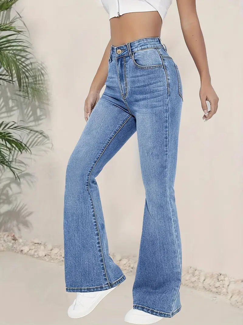 Jeans Acampanados de Tiro Alto para Mujer de Mezclilla de Algodón y Poliéster, Elásticos, para Uso Casual