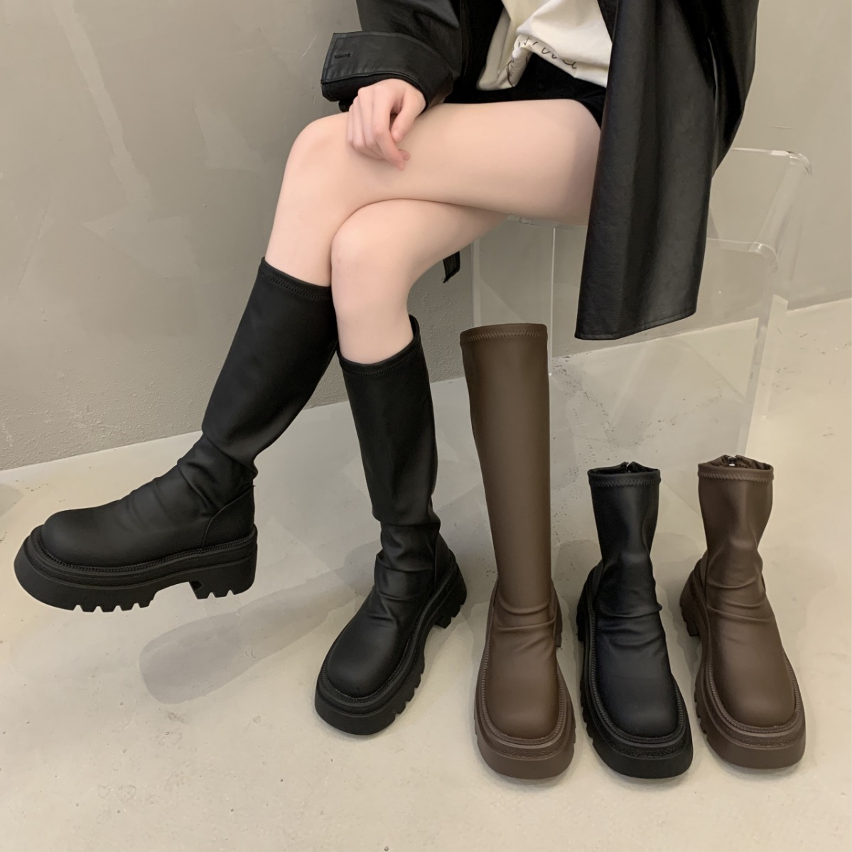 辣妹长靴女皮质松糕厚底弹力瘦瘦靴小个子增高显瘦高筒骑士靴女潮