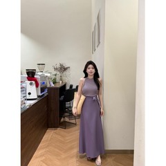 无袖挂脖紫色针织上衣半身裙套装女夏背心T恤高腰包臀A字裙两件套