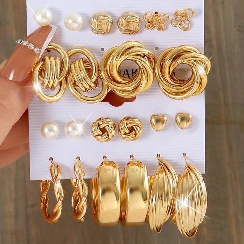 6-Piece European and American Earring Set for Women—Cross-Border, Exaggerated Geometric Design with Pearl and Diamond-Inlaid Earrings—Factory Wholesale