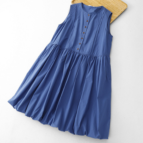 Blue sleeveless dress for women, summer Japanese-style casual loose thin mid-length lantern dress