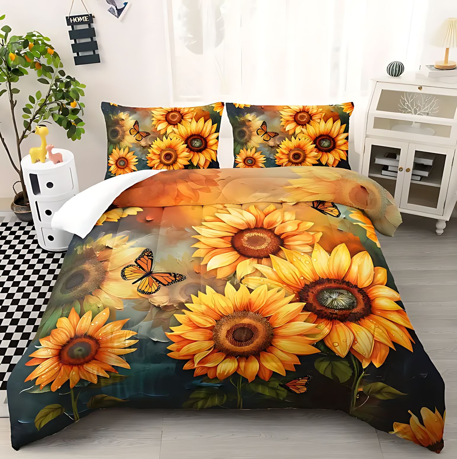 TEMU / JIT transfronterizo direccional girasol tema de impresión digital HD 180gms colcha colchón conjunto de almohada