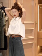 法式白色无袖半拉链背心衬衫女2025年夏季新款高级感短款小衫上衣