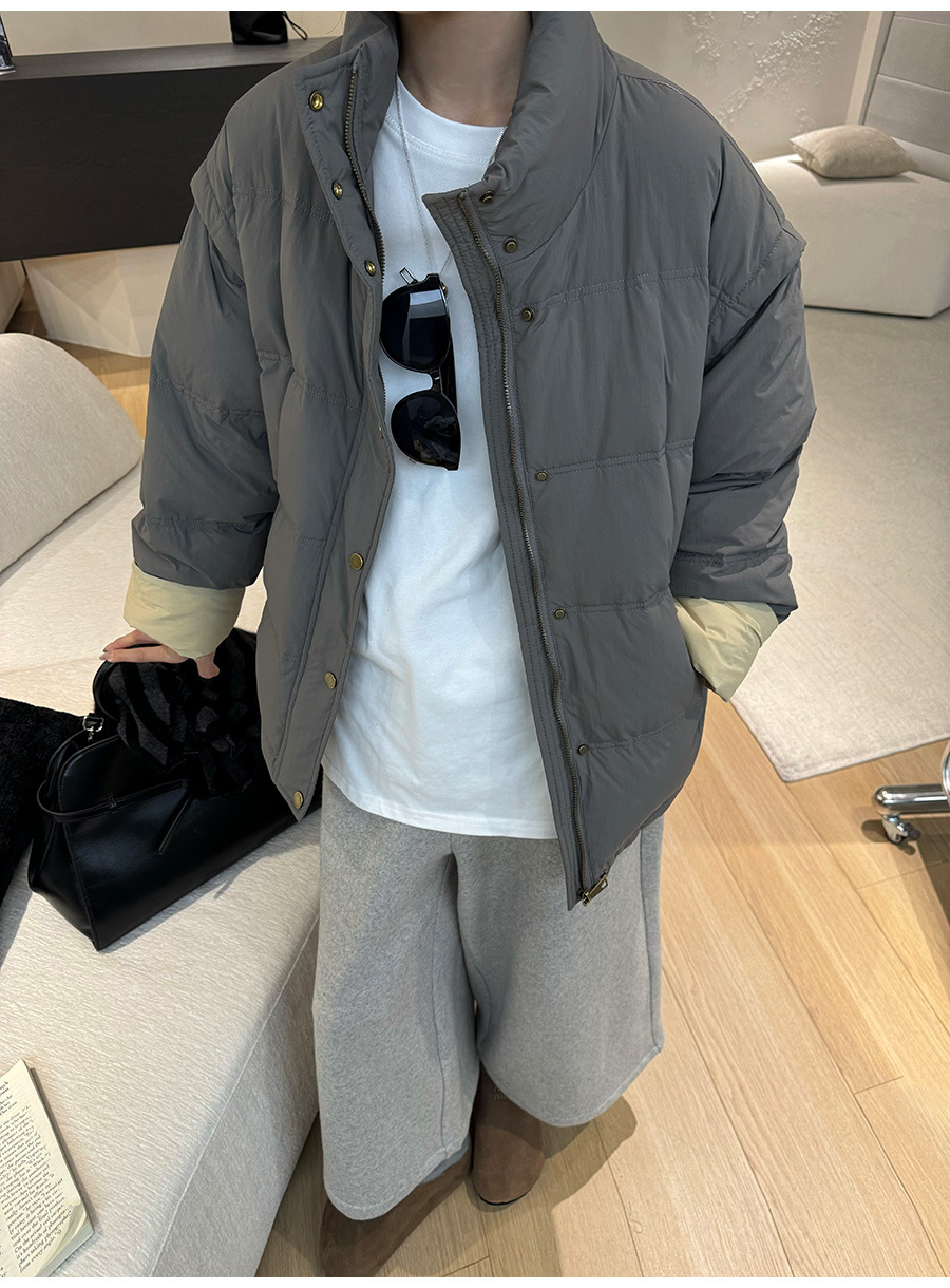 黎诺韩系休闲拼色白鸭绒羽绒服女2024冬季新款立领宽松面包服外套详情11