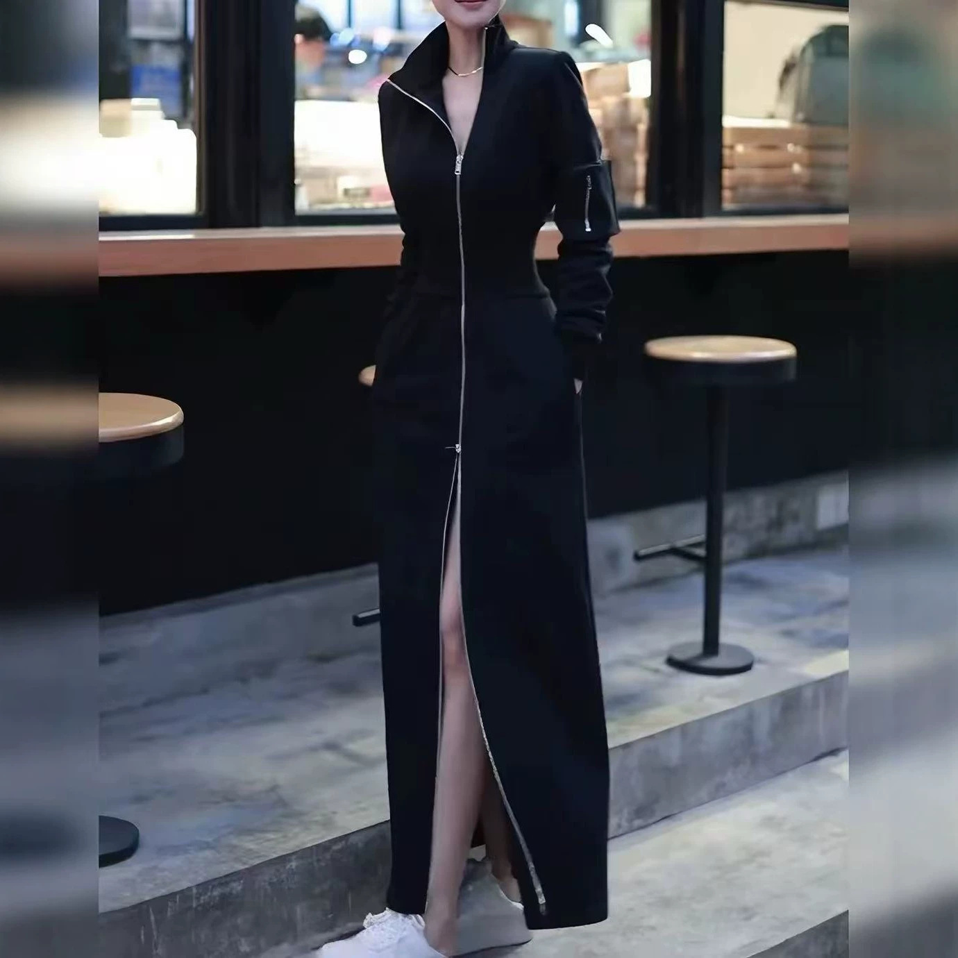 26703大爱美依缘2026秋季新款设计感时尚拉链卫衣长款休闲连衣裙