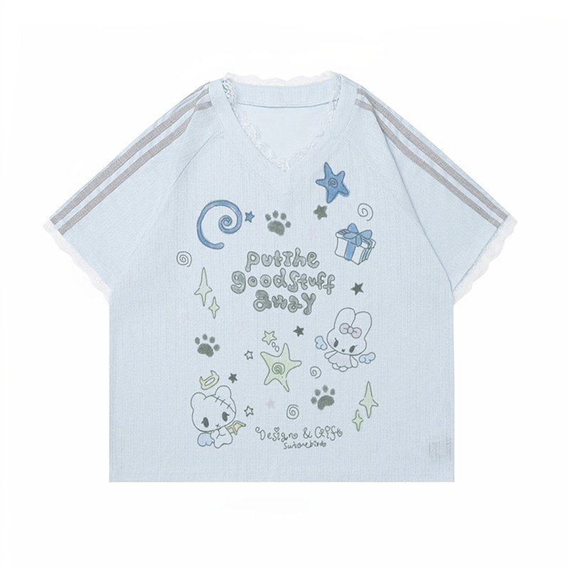 Women's Summer Sweet-Style Printed Lazy-Style Long-Sleeve T-Shirt Casual Design Top American-Style V-Neck Cute Cartoon Women's Summer Sweet-Style Printed Lazy-Style Long-Sleeve T-Shirt Casual Design Top American-Style V-Neck Cute Cartoon