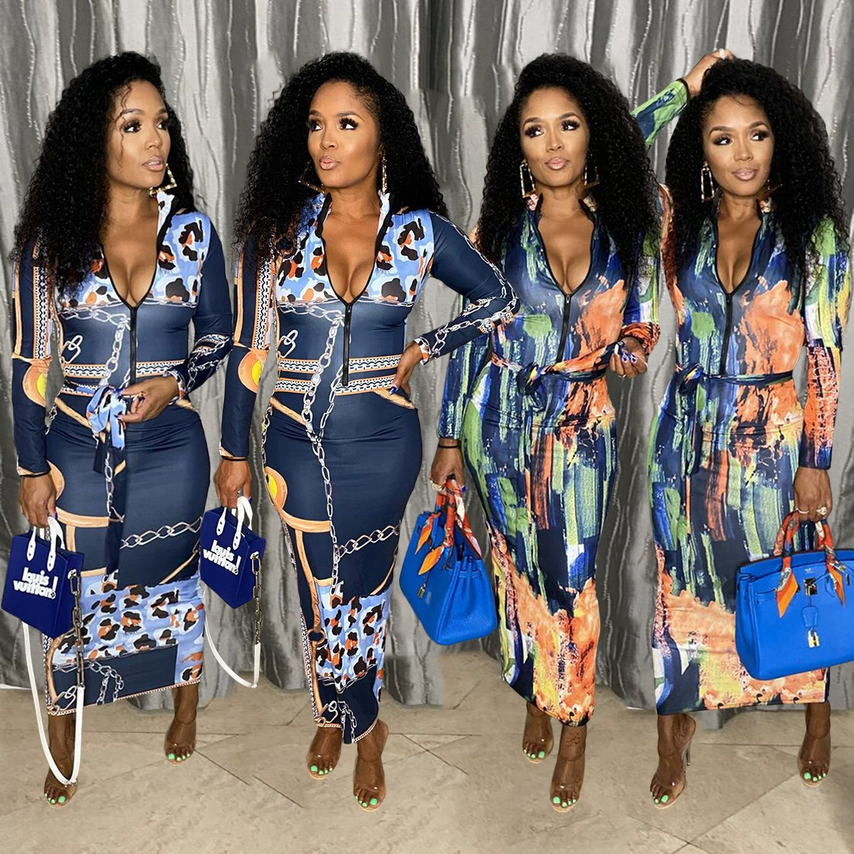 3119 внешняя торговля Европа и США трансграничная женская одежда Amazon International Station новый дизайн на молнии платье с поясом