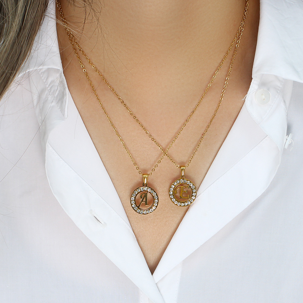 Fashion New Letter Pendant Plated 18K Inlaid Zirconium Hollow round Stainless Steel Necklace