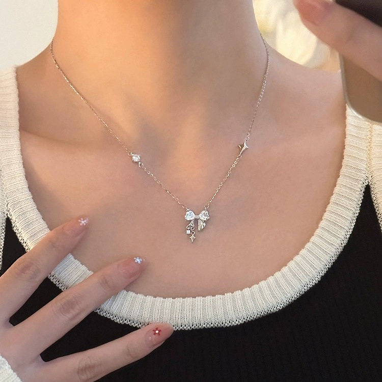 Simple Style Classic Style Bow Knot Sterling Silver Inlay Zircon Women's Earrings Necklace display picture 4