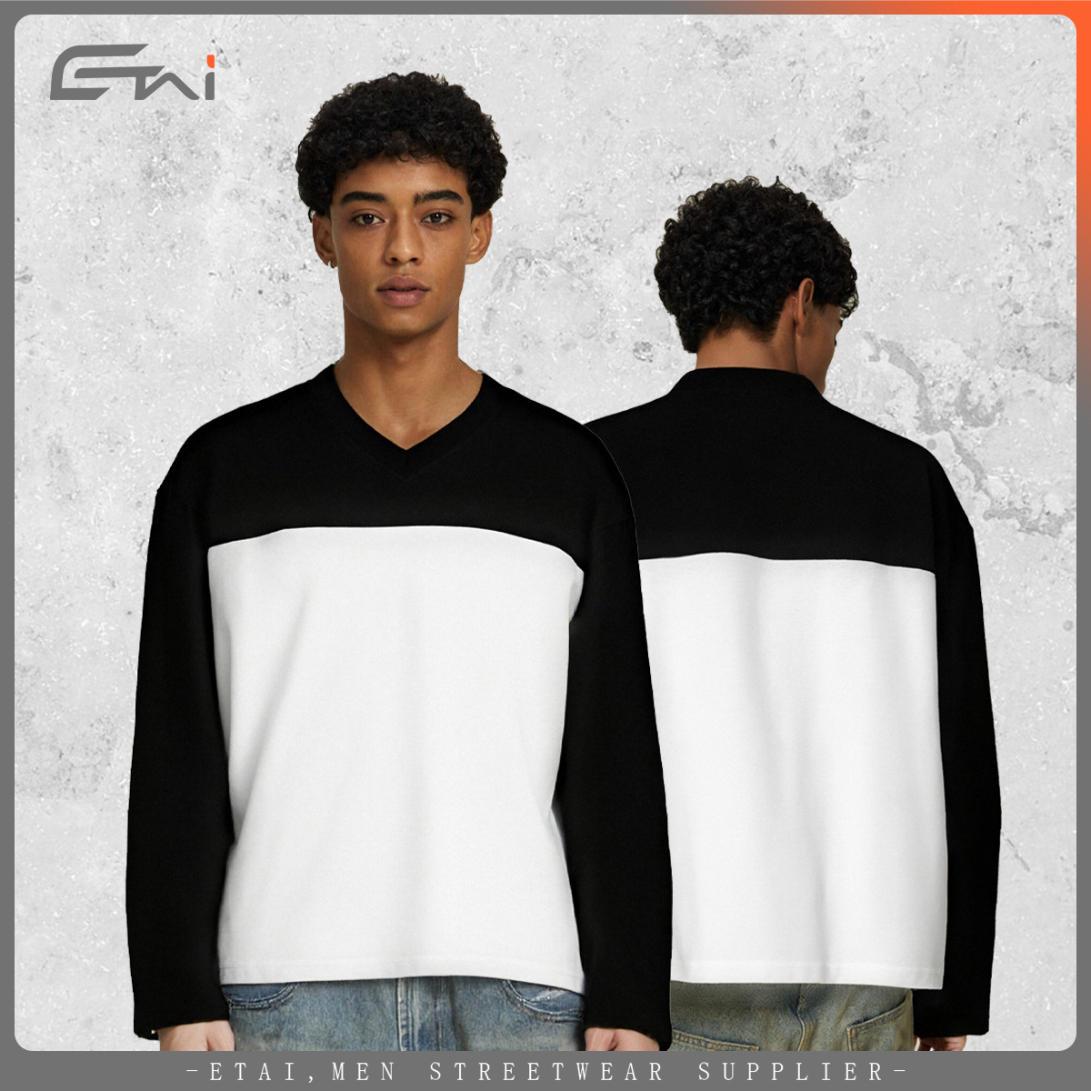 ETAI Hombre| Camiseta corta de algodón pesado suelta camiseta de marca de moda transfronteriza hombre cuello en V camiseta de manga larga