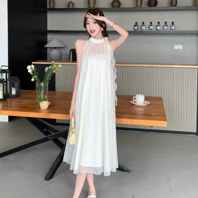 Wzxsk Three-Dimensional Floral Bead Chain Halter Dress for Women, Summer Gentle Style, Sweet Temperament, Ultra-Fairy, Sleeveless Vacation Dress