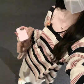 美式上衣轻薄款夏季宽松慵懒风红色条纹长袖女t恤松弛感防晒罩衫