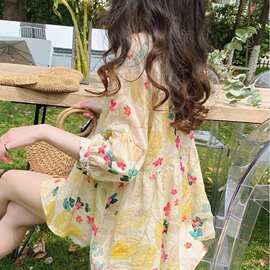 娃娃衫上衣韩版宽松通勤甜美洋气碎花苎麻蓬蓬小衫中袖衬衫图片色