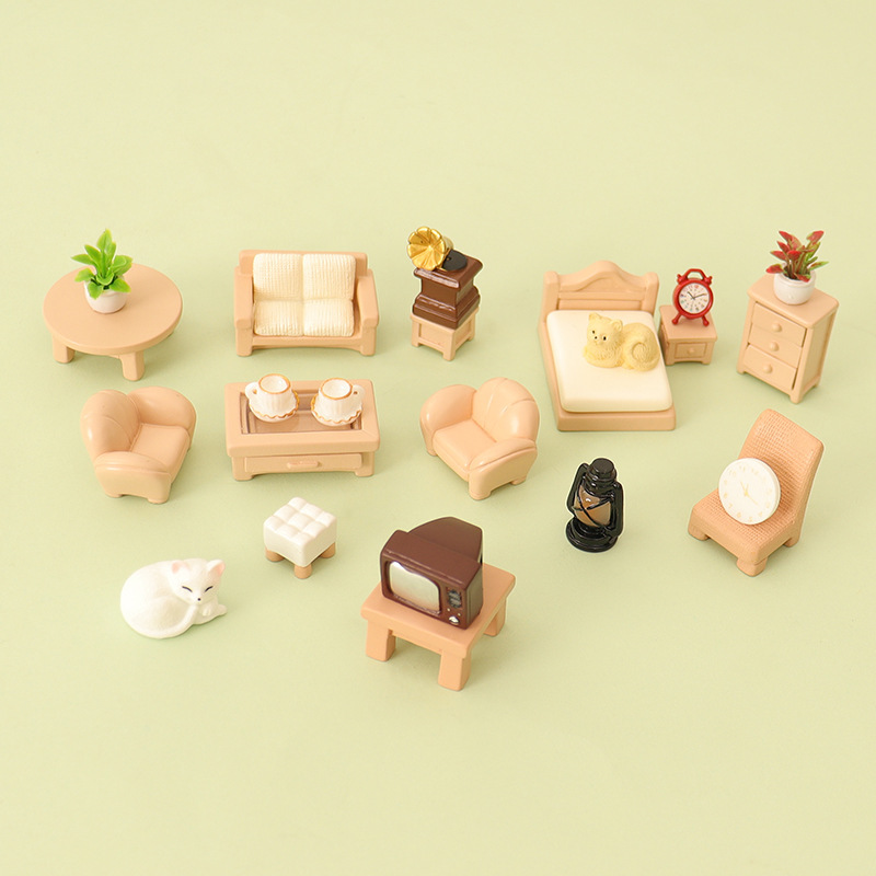 Miniature mini simulation furniture sofa coffee table TV machine cabinet table and chair kitten creative decorative ornaments model Miniature mini simulation furniture sofa coffee table TV machine cabinet table and chair kitten creative decorative ornaments model