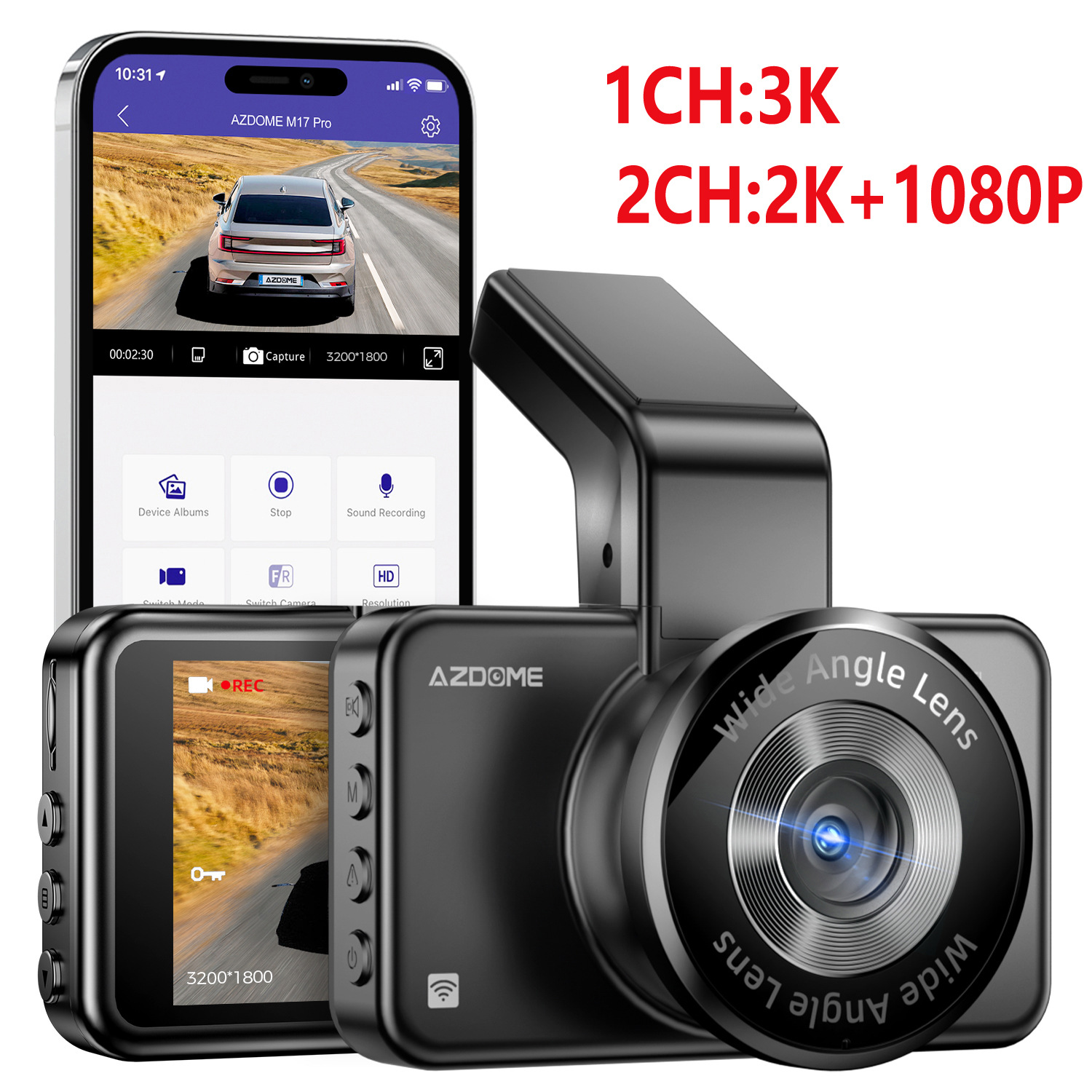 AZDOME行车记录仪双镜头M17PR高清汽车黑匣子内置WIFI手机APP互联