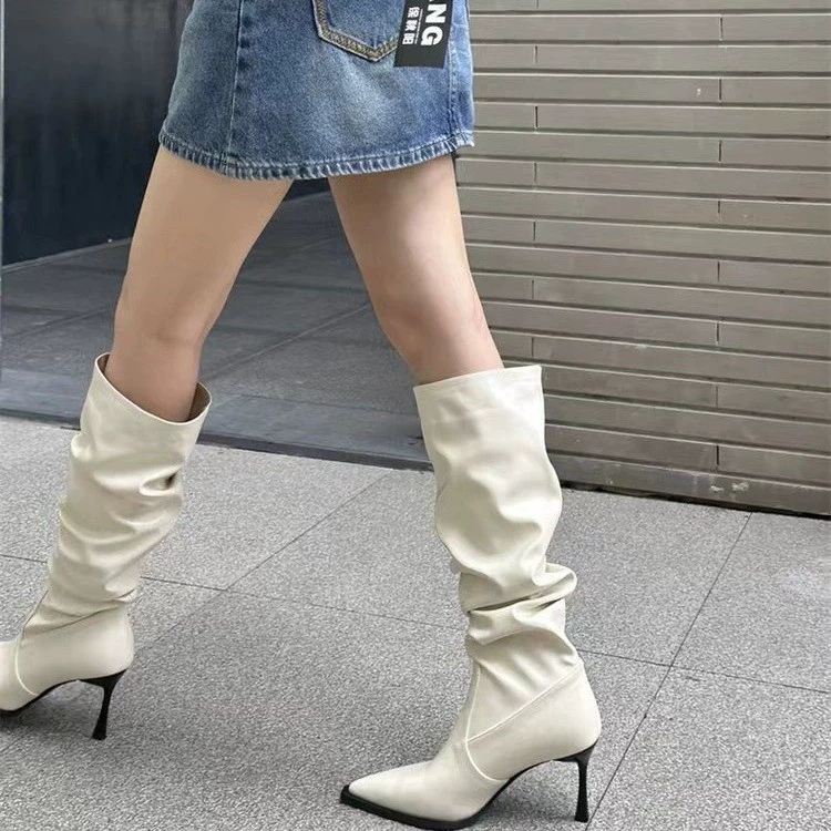 White high boots pointy toe high heels, fitted