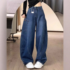 设计感大口袋香蕉弯刀工装牛仔裤女秋冬高腰阔腿宽松镰刀直筒裤子