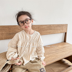 2024 Children's Spring Clothing New Arrival Girl's Spring Korean Style Batwing Sleeve Washed Cotton Wide Collar Shirt 123502