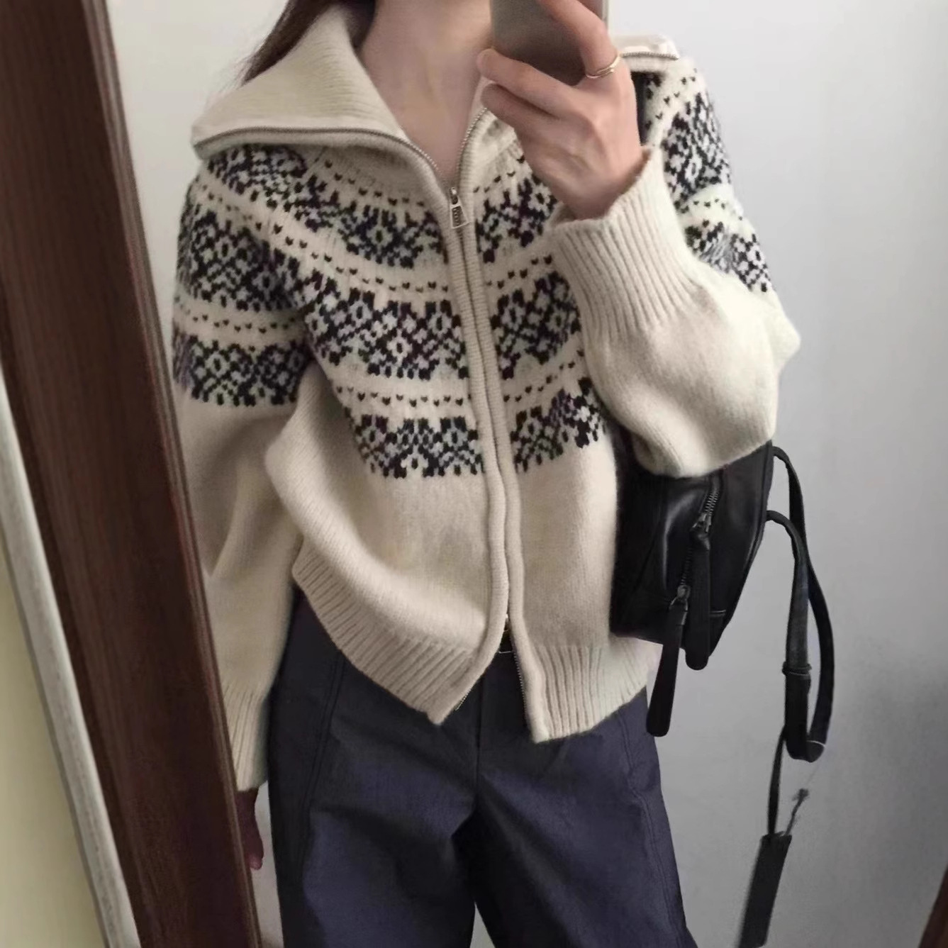 Fair Isle Jacquard Zipper Knitted Women's Cardigan 2025 Korean Style Autumn and Winter New Short Sweater Christmas Retro Jacket