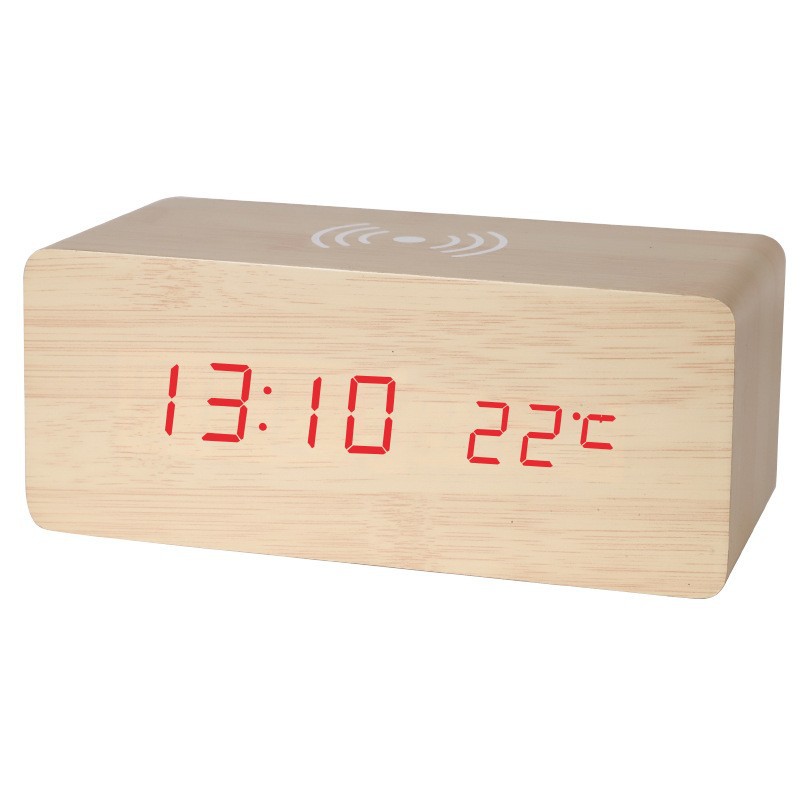 Reloj despertador digital LED de madera — reloj inteligente con carga inalámbrica, diseño minimalista para mesita de noche