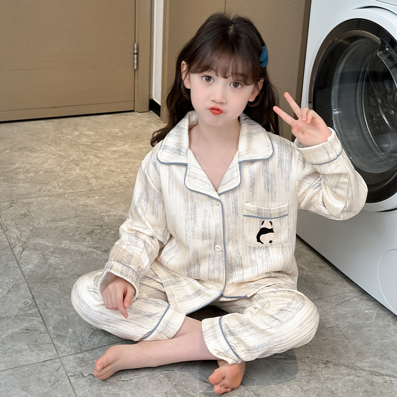女童加厚秋冬款睡衣套装翻领长袖三层夹棉空气层大儿童保暖家居服