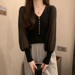 2025新款钉珠针织衫女长袖春季韩版修身气质雪纺拼接上衣打底毛衣