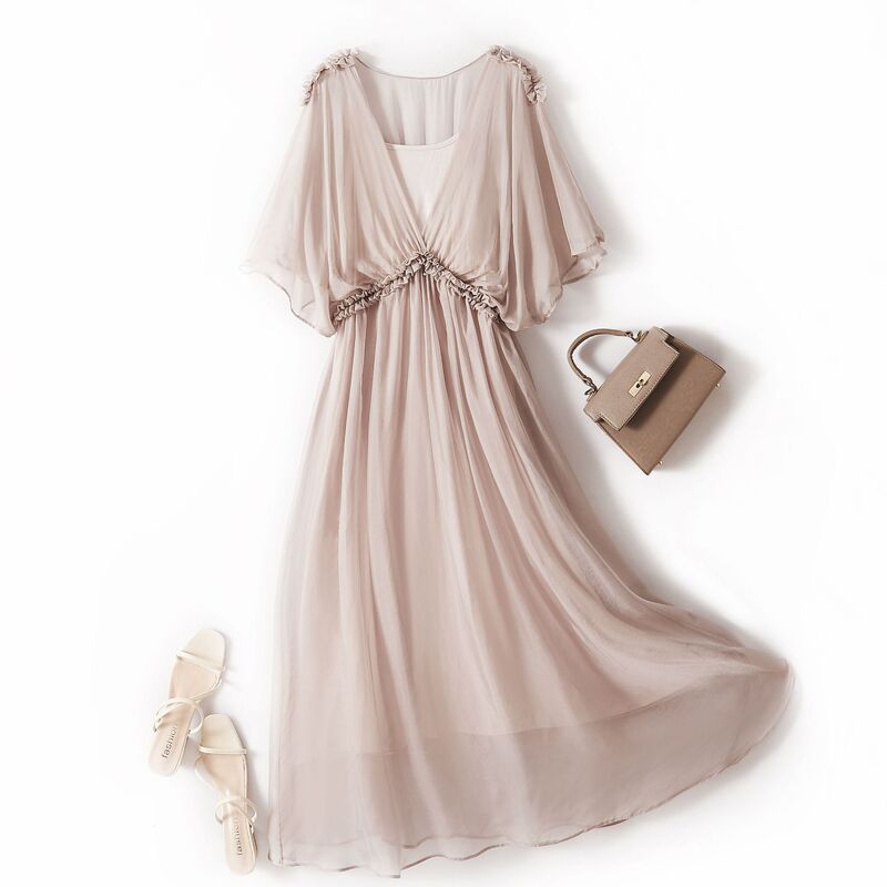 Women's Silk Dress Solid Color Simple Atmospheric Mulberry Silk Dress Long Summer New 28010