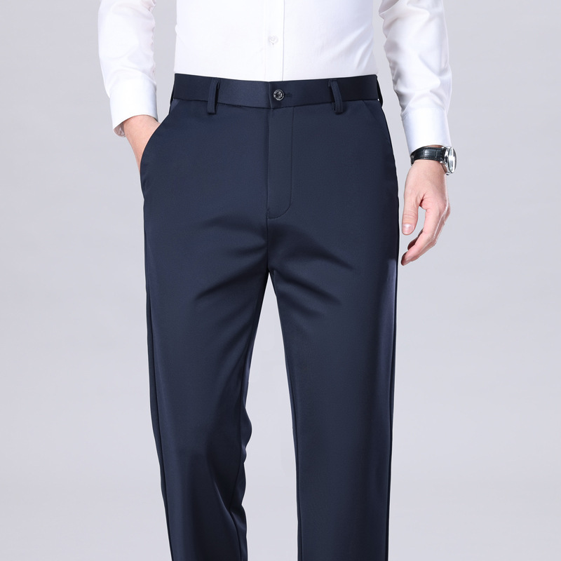Cross-Border Exclusive Supply of Summer Solid Color Thin Men's Casual Trousers, Loose Straight-Leg Wrinkle-Resistant Business Stretch Pants Wholesale