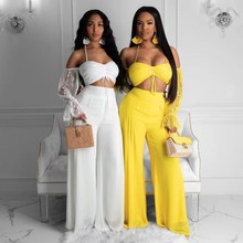 速卖通时尚休闲女装蕾丝袖露肩挂脖阔腿裤女两件套套装