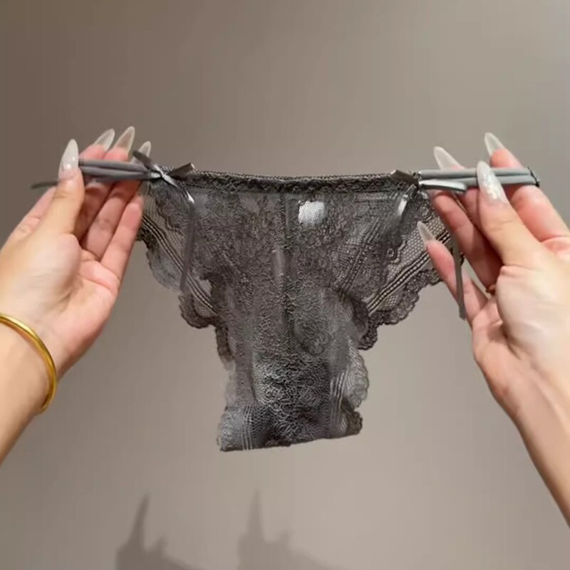 French-Style Sexy Low-Rise Lace Briefs with Side Straps, Elastic Transparent Hollow-Out Pure Desire Crotch Panties for Girls