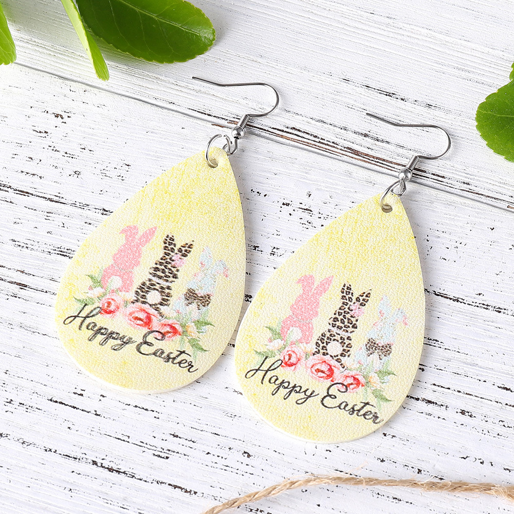 1 Pair Fashion Rabbit Letter Water Droplets Stainless Steel Pu Leather Printing Easter Women's Drop Earrings display picture 3