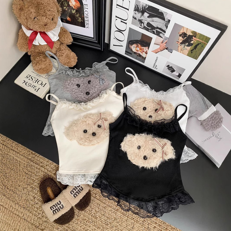 Lace Stitching Short Camisole Women's Summer Slim-fit Inner Plush Bear Black Top with Chest Pad