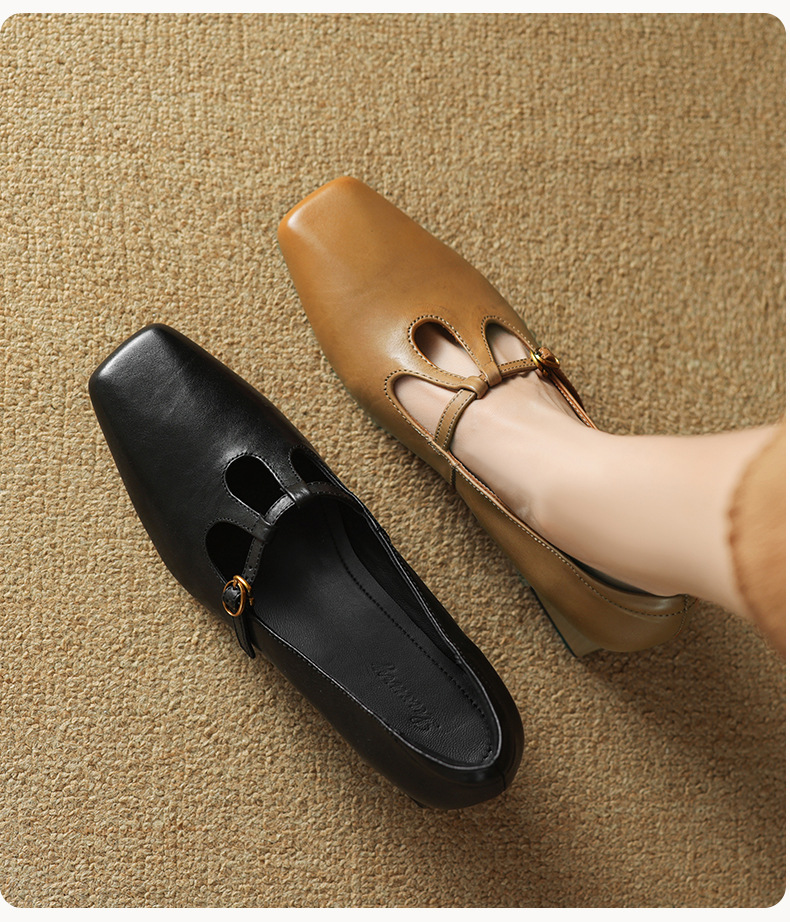 Giày Mary Jane nữ quai chữ T da bò gót vuông 5.5 cm — đen chi tiết 6